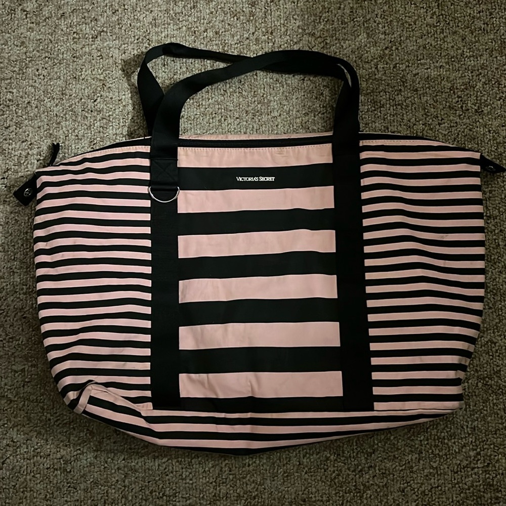 Victoria’s Secret XL Pink & Black Striped Overnight Tote Bag
